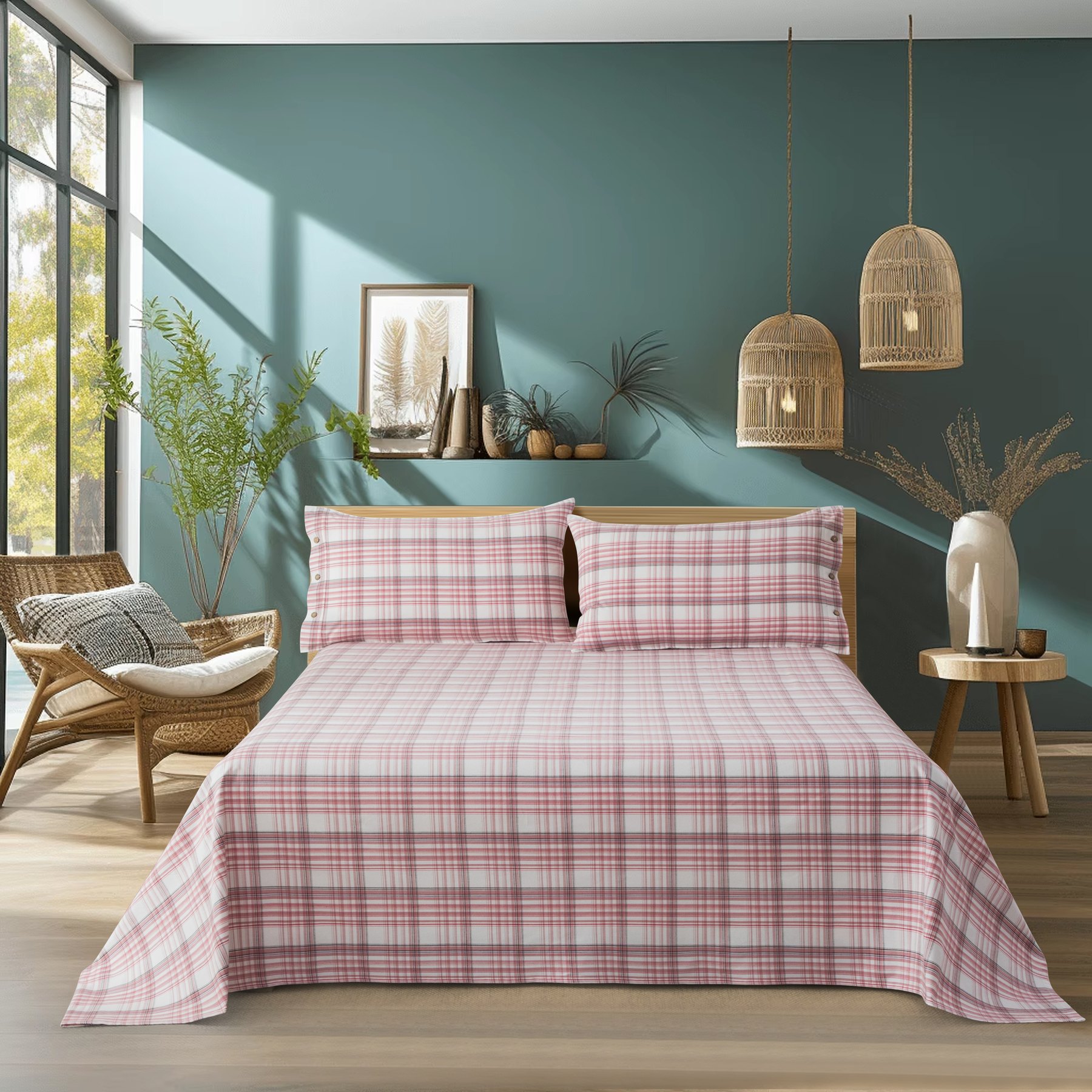 Pink woven cotton stripe design shown as finished bedding