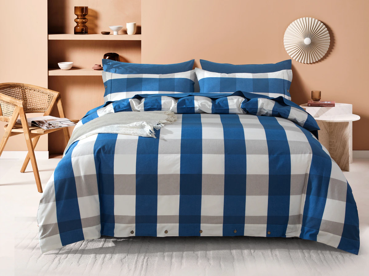 Blue, white and grey large-check cotton bedding set